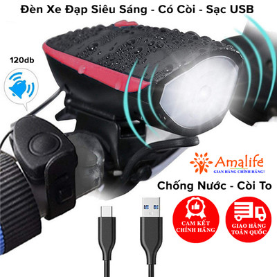 Đèn Còi Xe Đạp Thể Thao Siêu Sáng Kèm Pin Sạc USB LED T6 Chống Nước – Đèn Còi 140db 3 Chế Độ Sáng Chính hãng Amalife