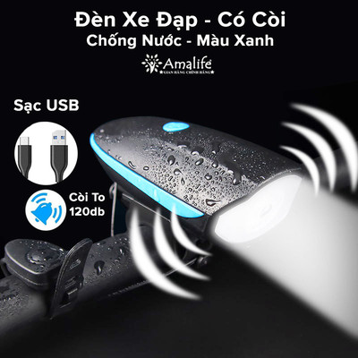 [Màu Xanh] Đèn Xe Đạp Có Còi Chính Hãng Amalife Siêu Sáng Chống Nước Có Pin Sạc USB – Đèn Còi Xe Đạp Có 3 Chế Độ Sáng