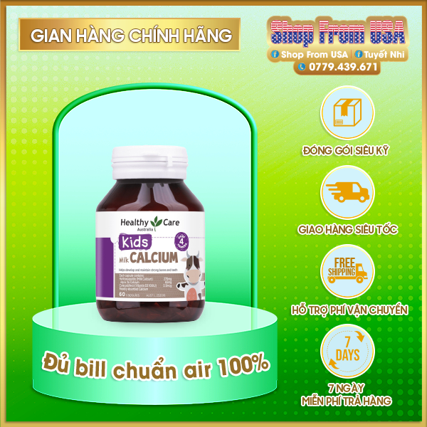Viên kẹo nhai Canxi sữa Milk calcium Healthy care 60 viên - Date 2025