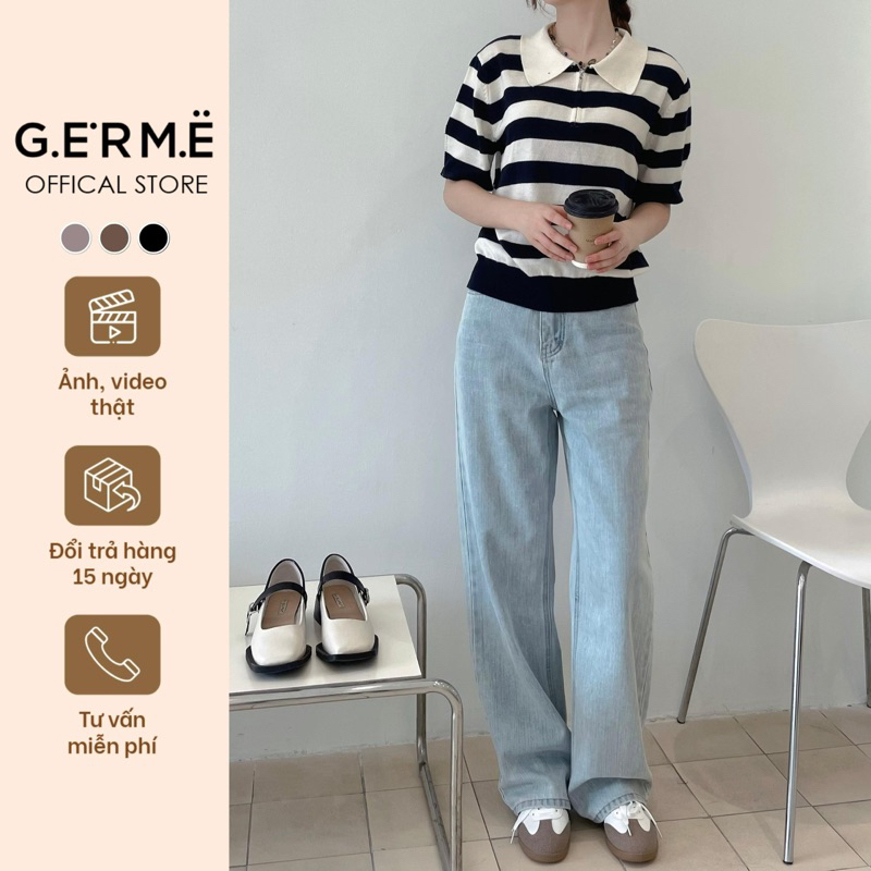 Áo len mongtoghi kẻ ngang cổ bẻ khóa ngực a238808 by germe