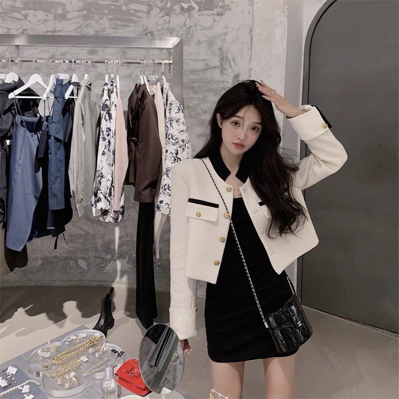 Áo Khoác Dạ Nữ Tweed Kẻ Caro Dáng Ngắn Tiểu Thư Cardigan Hai Lớp Cao Cấp Trắng Ak04