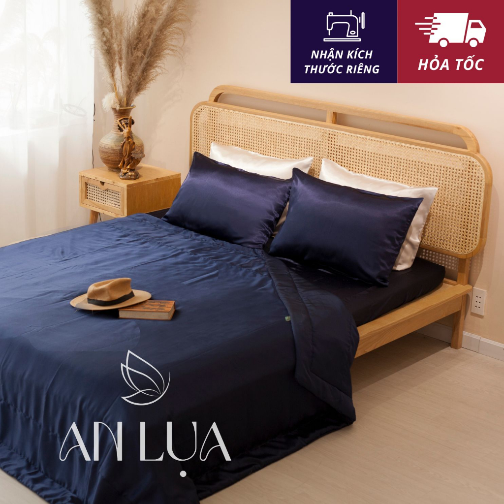 Bộ chăn drap 5 món An Lụa - Xanh đen - vải lụa mịn mát và thân thiện cho da