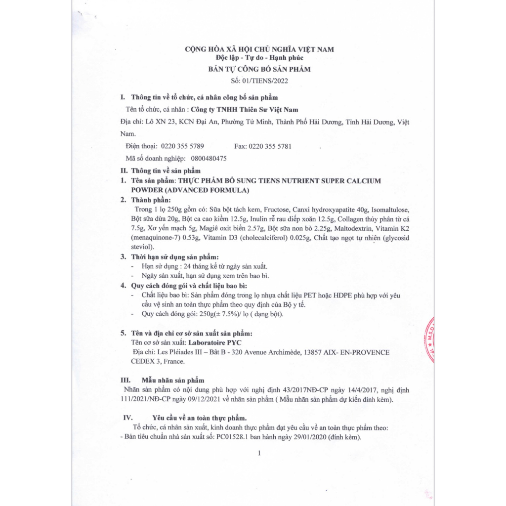 Canxi Thiên Sư Tiens Nutrient Super Calcium Powder Hàng Khuyến mại theo TBKM số 572/KM-2021 ngày 21/12/20