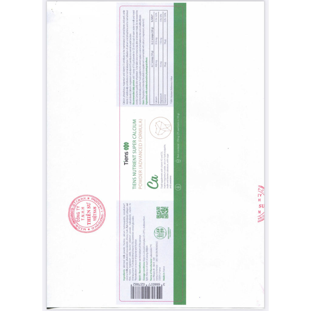 Canxi Thiên Sư Tiens Nutrient Super Calcium Powder Hàng Khuyến mại theo TBKM số 572/KM-2021 ngày 21/12/20