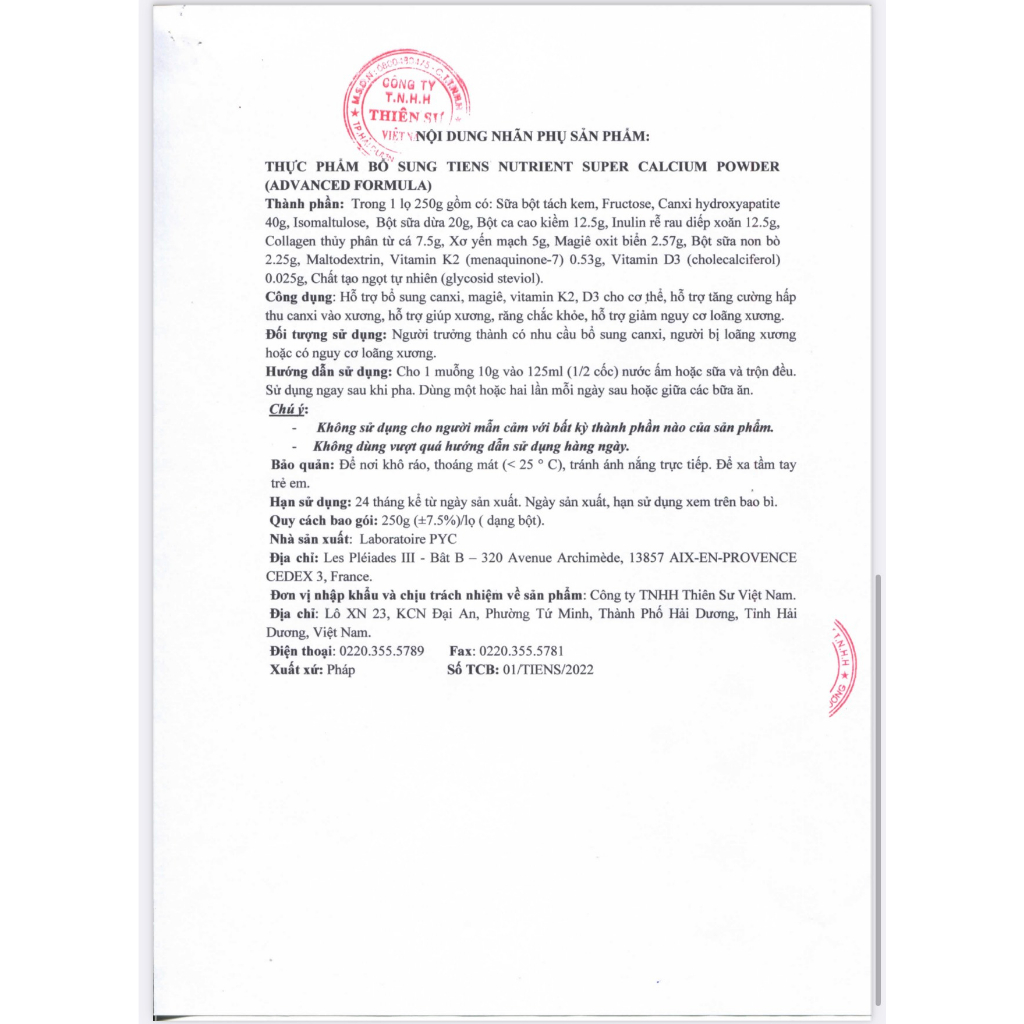 Canxi Thiên Sư Tiens Nutrient Super Calcium Powder Hàng Khuyến mại theo TBKM số 572/KM-2021 ngày 21/12/20