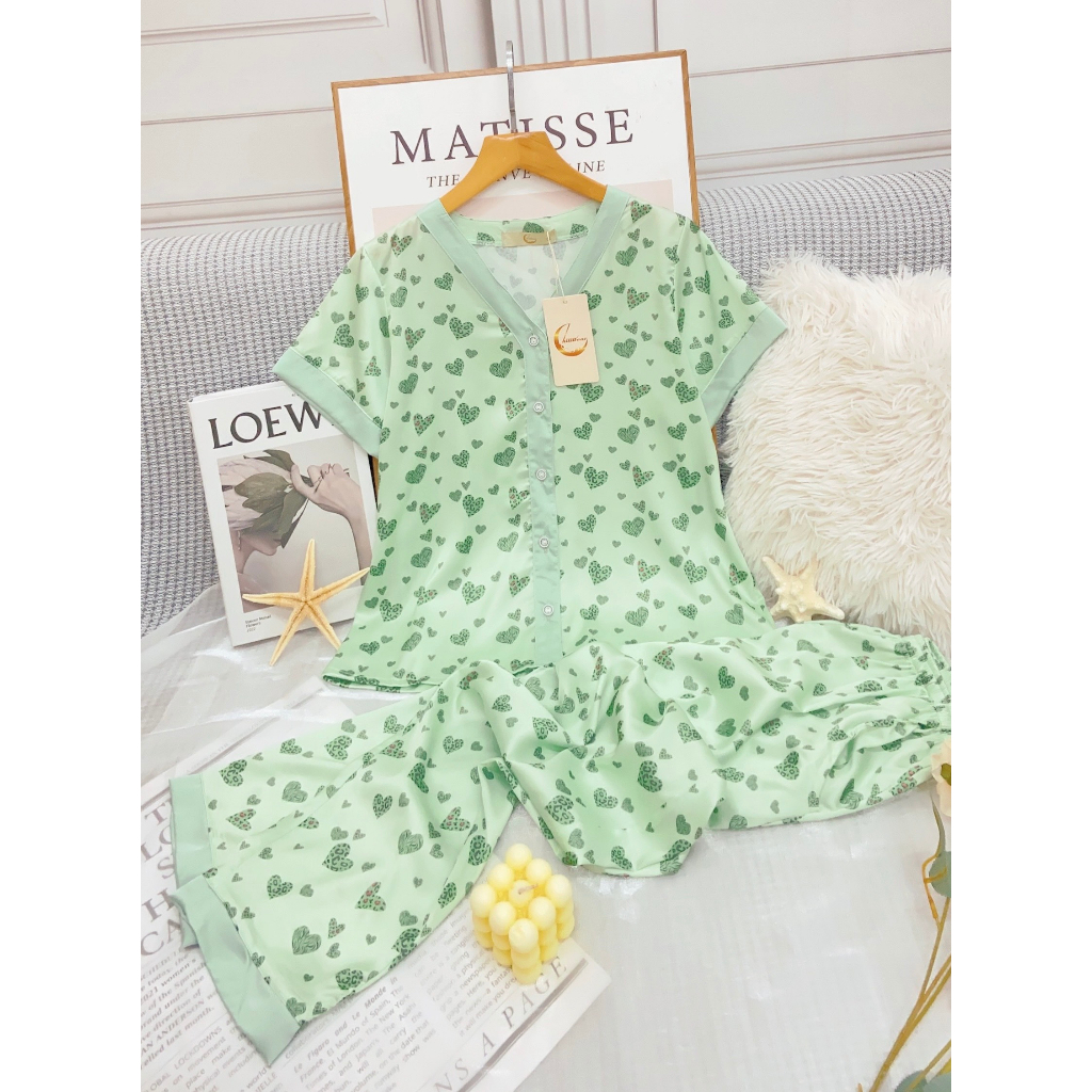 Bộ đồ mặc nhà Chillwear cao cấp dáng kimono áo cộc quần dài họa tiết tim siêu yêu