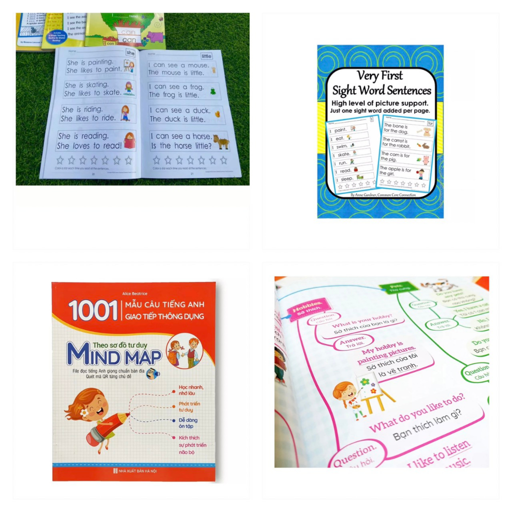 Sách - Combo 1001 Mẫu Câu Tiếng Anh Giao Tiếp Thông Dụng và Vở Very First sight word sentences cho bé luyện tiếng anh