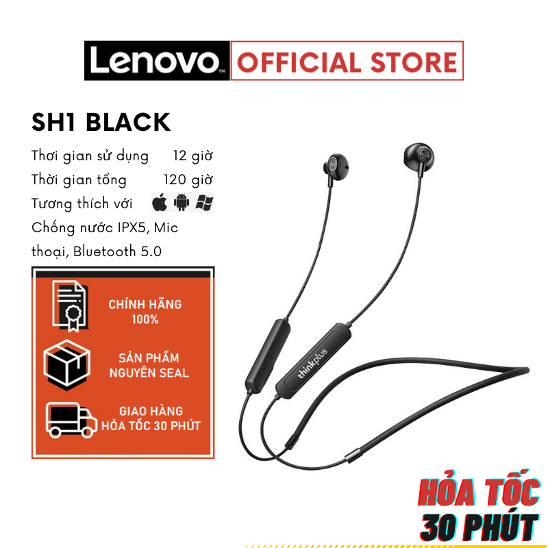 Tai nghe thể thao Bluetooth Lenovo SH1 - Giảm ồn - Chống nước - màu ĐEN