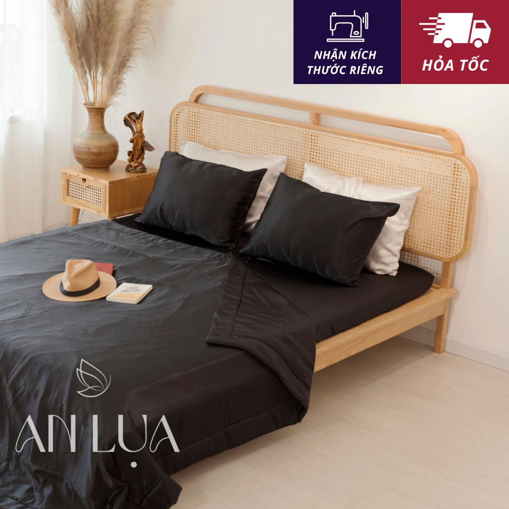 Bộ chăn drap 5 món An Lụa - Đen - vải lụa mịn mát và thân thiện cho da