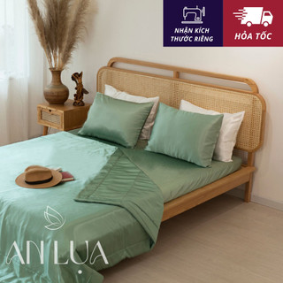 Bộ chăn drap 5 món An Lụa -Xanh đậu- vải lụa mịn mát và thân thiện cho da