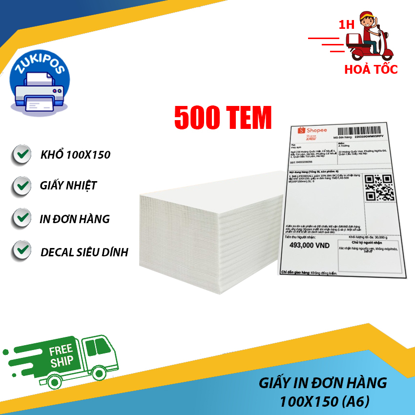 Giấy In Đơn Hàng Nhiệt A6 100x150 mm Tệp 500 Tem Cao Cấp - Zukipos