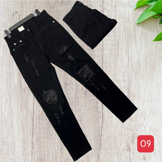 Quần jean nam màu đen rách vá đen cao cấp chất bò đẹp co giãn ống suông hàn quốc King168 AK11
