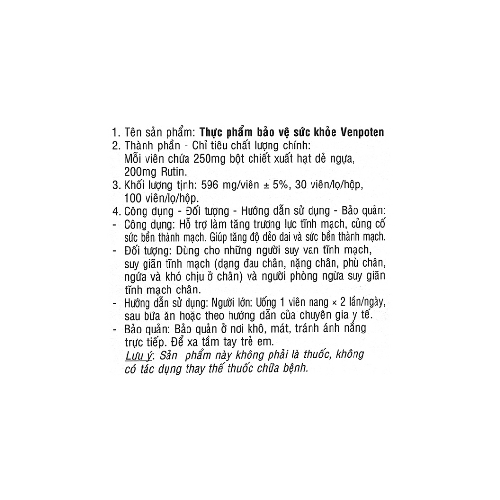 Venpoten hỗ trợ giảm suy giãn tĩnh mạch, lọ 30 viên