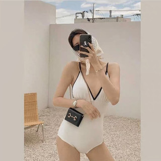 Set bikini liền mảnh màu trắng viền đen tôn dáng kèm ảnh thật