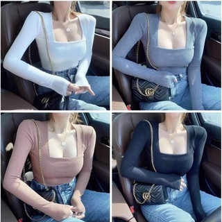 Áo thun gân ôm body tay dài cổ vuông A014