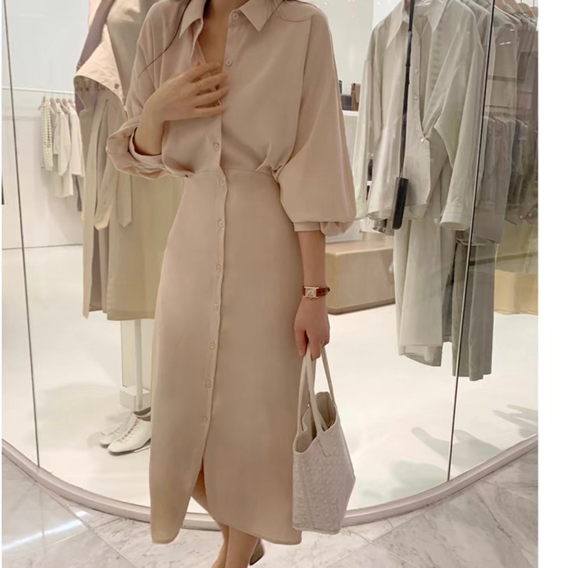 Đầm váy sơ mi kem cánh dơi basic Hàn Quốc