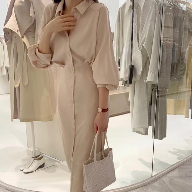 Đầm váy sơ mi kem cánh dơi basic Hàn Quốc