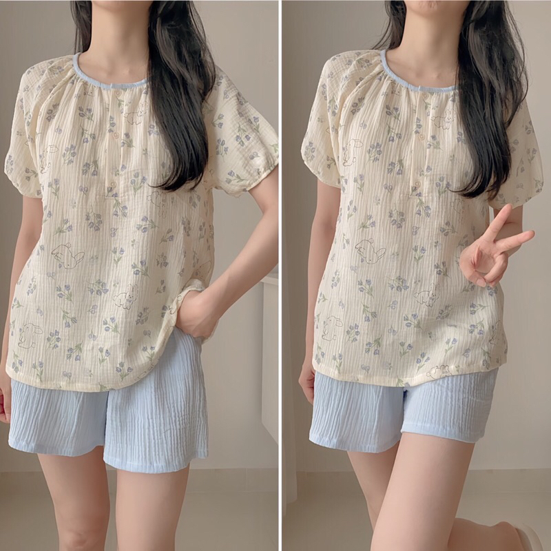 Bộ đùi mặc nhà Nersin cổ trụ hoa tay ráp lăng phối màu xô muslin cao cấp