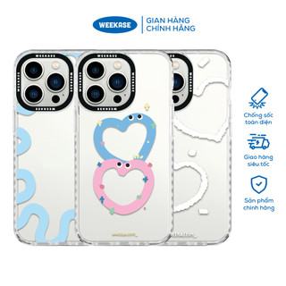 Ốp lưng iPhone viền trắng, đen chống sốc chống va đập Weekase in hình 2 trái tim, đường xoắn xanh - Màu in cực bền