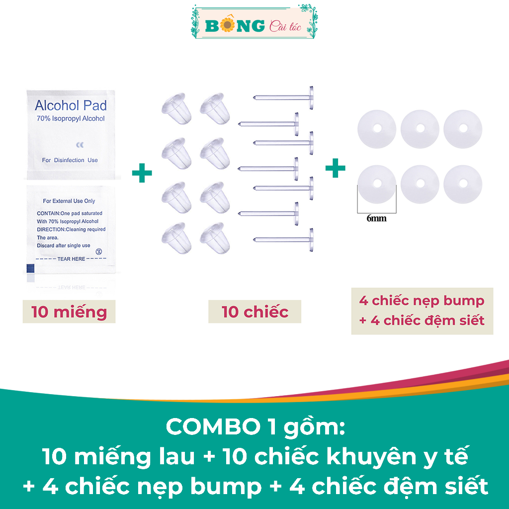 Combo chăm sóc lỗ xỏ bông tai cao su y tế, nẹp bump, miếng lau khử khuẩn kèm hộp CB10- khuyên tai BÔNG Cài Tóc