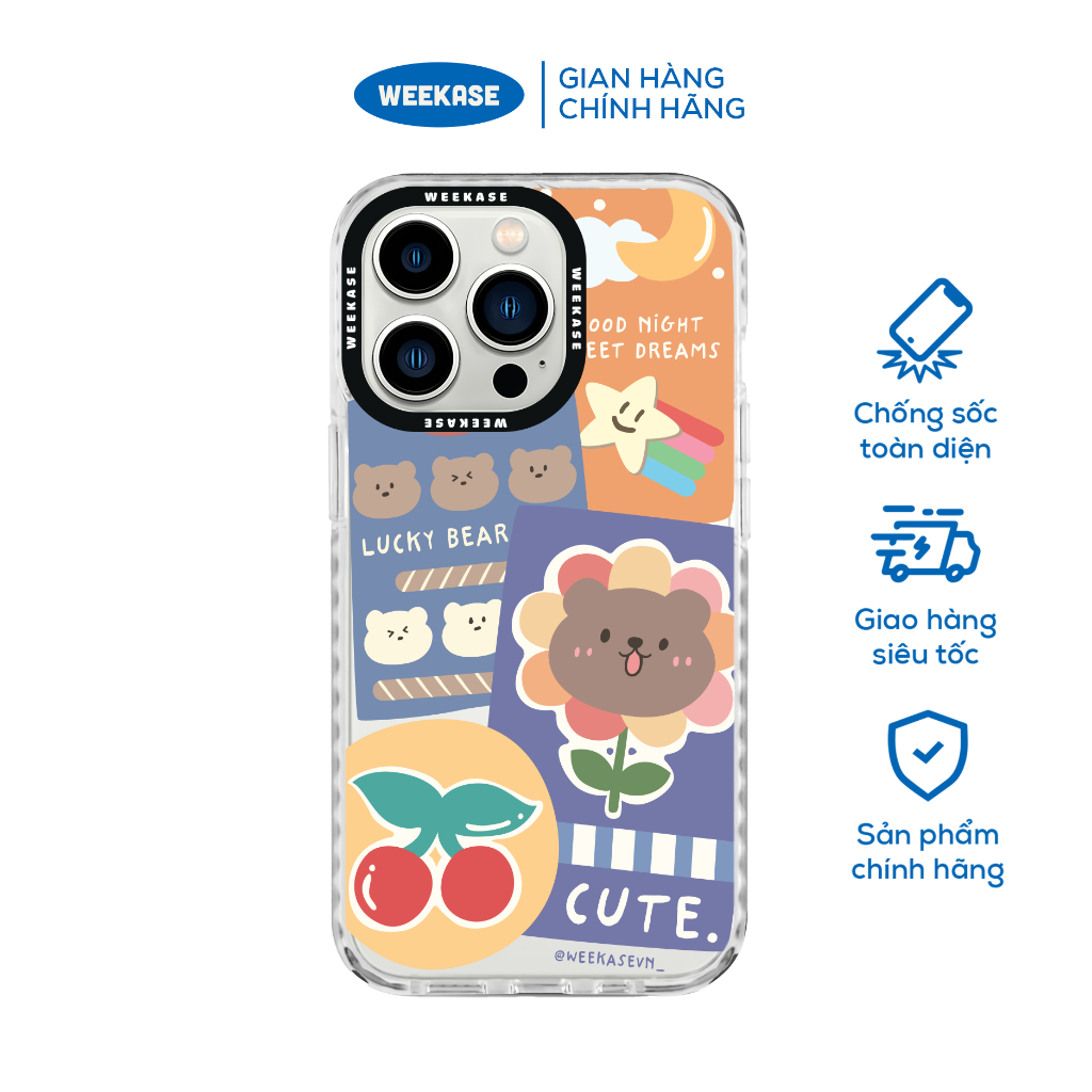 Ốp lưng iPhone viền trắng, đen chống sốc chống va đập Weekase in hình gấu cherry - Màu in cực bền