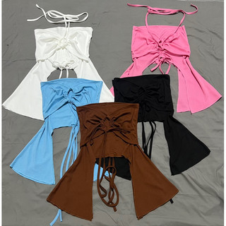 [ A-180] Áo ống dây tà dài phối kiểu form croptop ôm body dây cổ yếm chất vải thun gân len 4 chiều Free SIze dưới 53kg