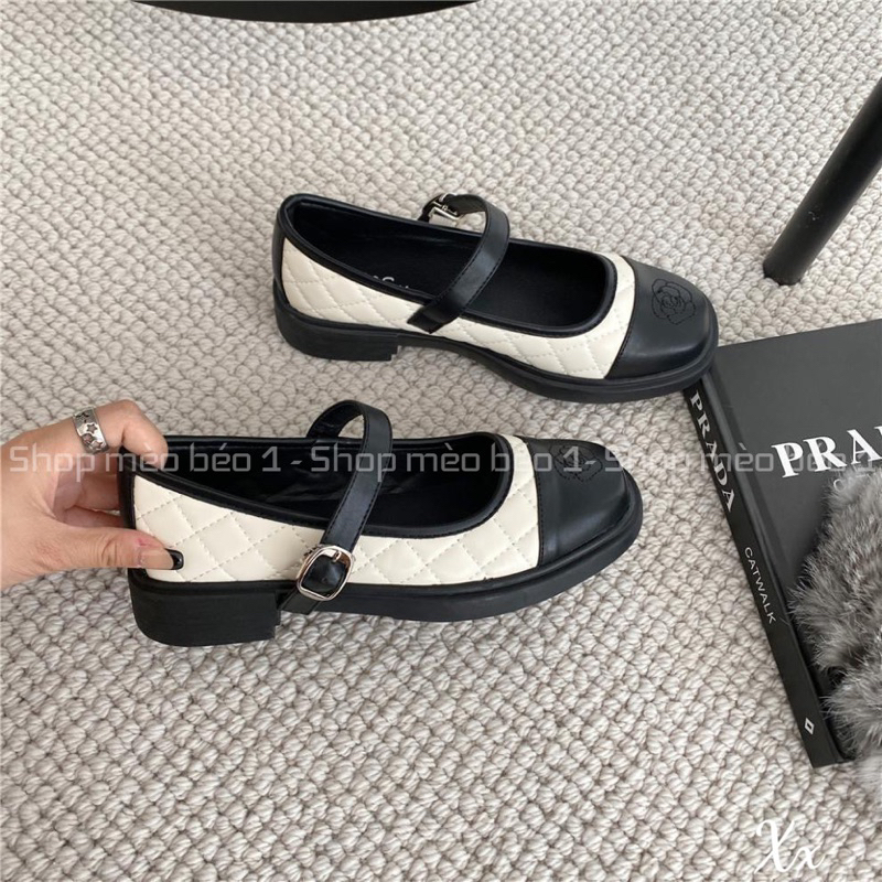 Giày búp bê cn mũi đen trần chỉ quai ngang gót thấp fullbox hàng quảng châu cao cấp