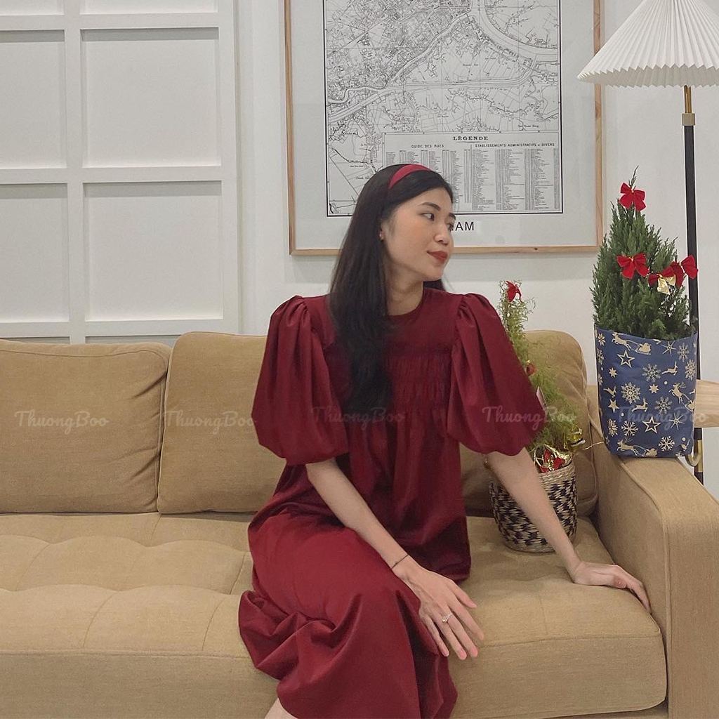 Đầm Nữ Dài Màu Đỏ Thời Trang Thuongboo Thiết Kế Tay Phồng Form Dáng Dài Chất Lụa HongKong Sang Trọng - Muse Dress