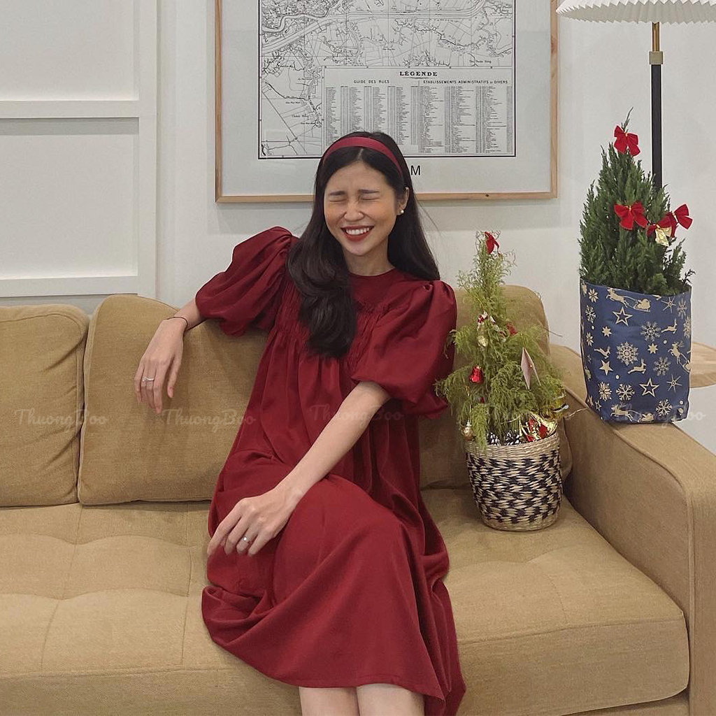 Đầm Nữ Dài Màu Đỏ Thời Trang Thuongboo Thiết Kế Tay Phồng Form Dáng Dài Chất Lụa HongKong Sang Trọng - Muse Dress