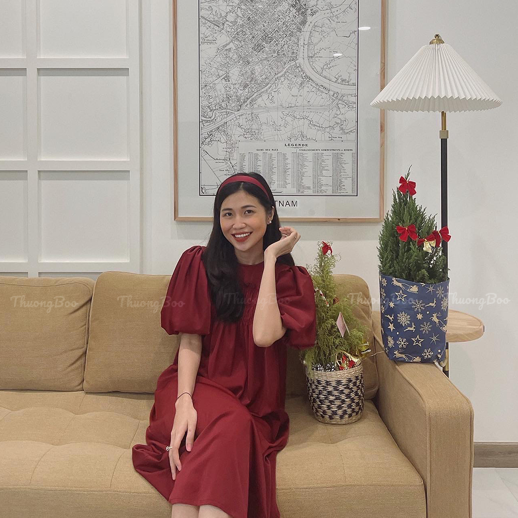 Đầm Nữ Dài Màu Đỏ Thời Trang Thuongboo Thiết Kế Tay Phồng Form Dáng Dài Chất Lụa HongKong Sang Trọng - Muse Dress