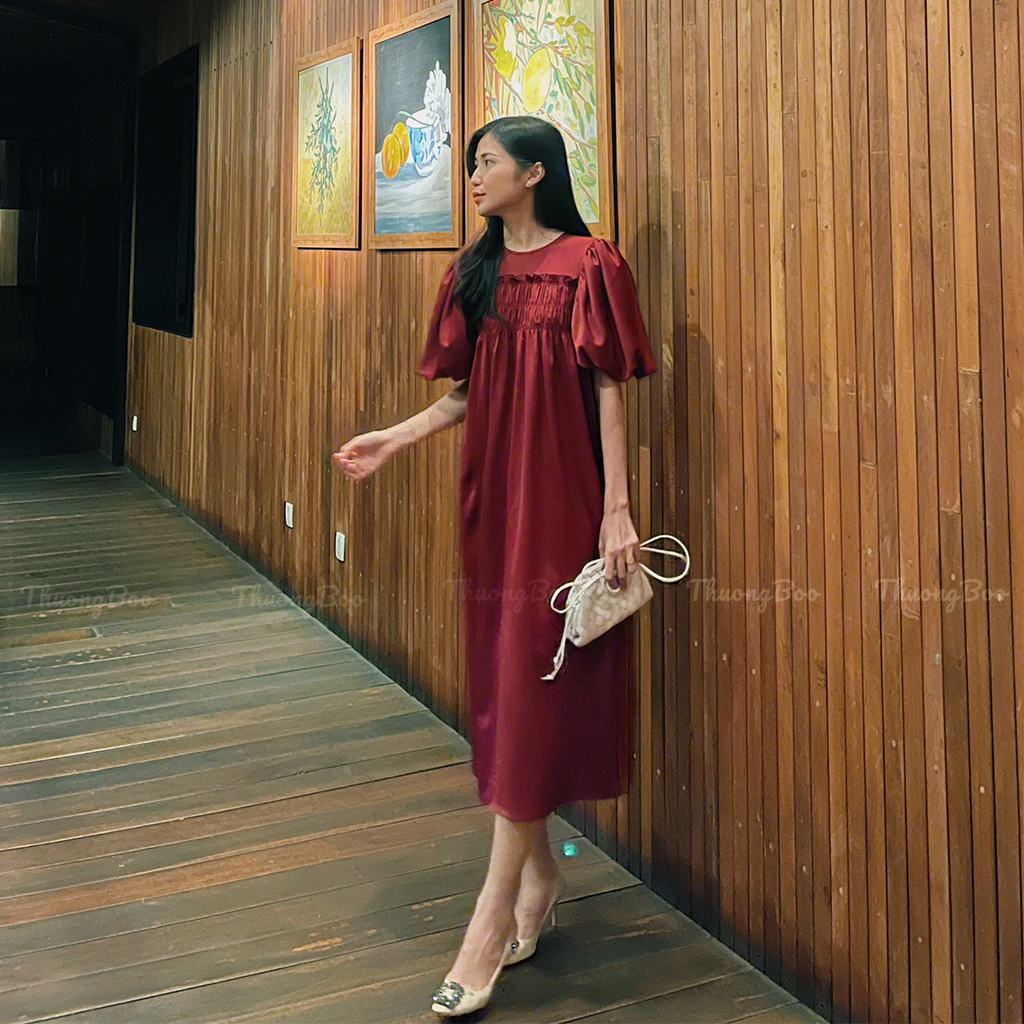 Đầm Nữ Dài Màu Đỏ Thời Trang Thuongboo Thiết Kế Tay Phồng Form Dáng Dài Chất Lụa HongKong Sang Trọng - Muse Dress
