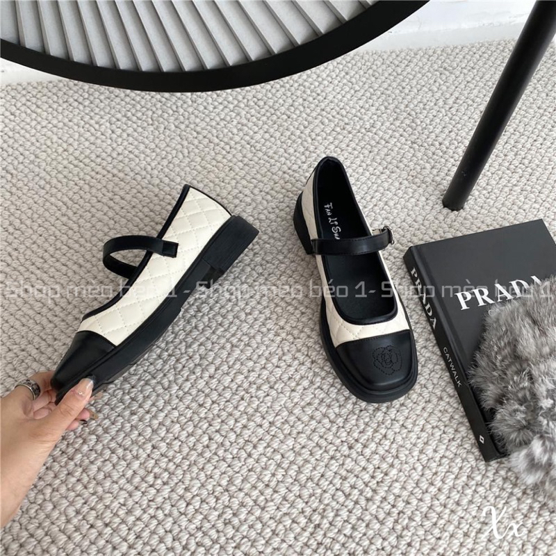 Giày búp bê cn mũi đen trần chỉ quai ngang gót thấp fullbox hàng quảng châu cao cấp