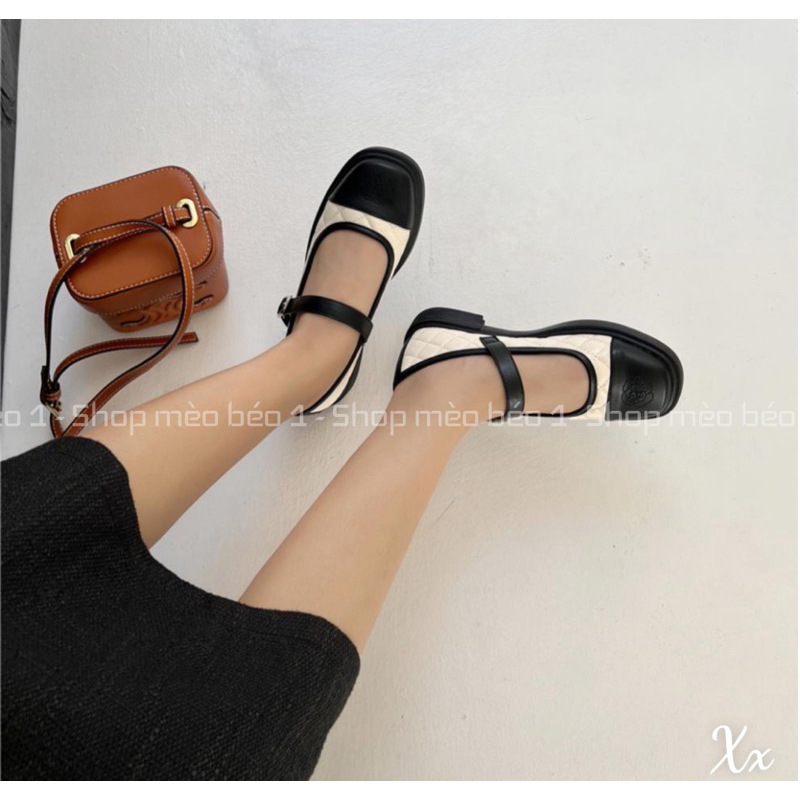 Giày búp bê cn mũi đen trần chỉ quai ngang gót thấp fullbox hàng quảng châu cao cấp