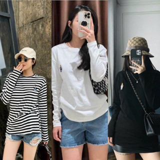 [108] Áo thun gấu whoo dài tay cổ tròn cơ bản basic dễ mặc 3 màu đen trắng kẻ co dãn đi làm đi chơi mặc thu đông