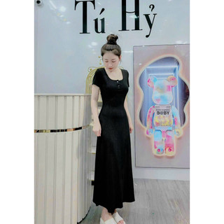 Đầm Thun Tăm Cổ Vuông Có Nút Gài Dáng Dài Ôm Body - Váy Thun Tăm Dài Cổ Vuông 18June