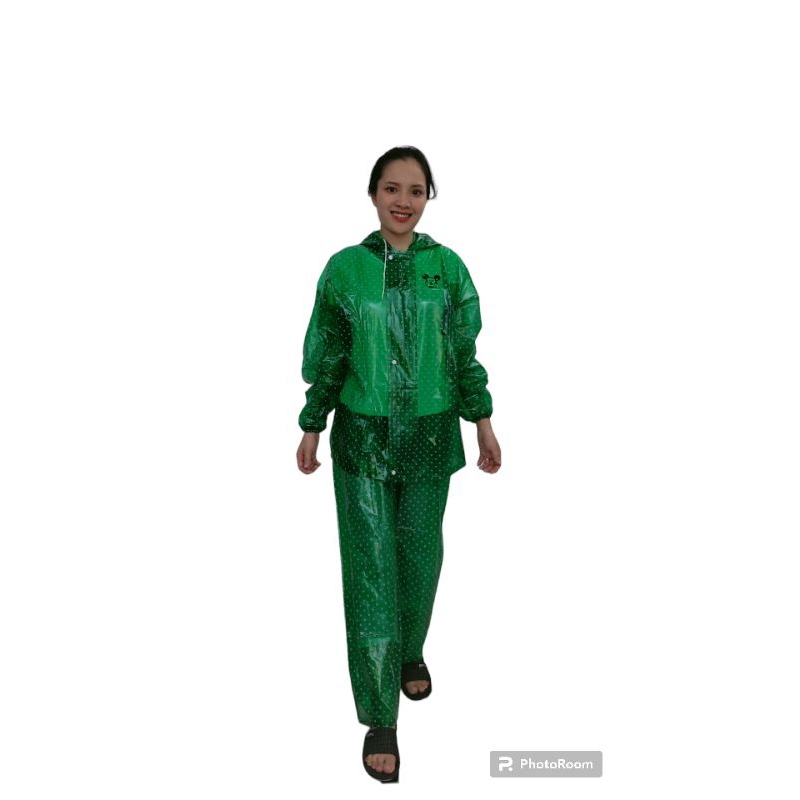 Áo mưa bộ vải nhựa pvc dẻo, có khóa ,có cúc cài . không thấm nước, thiết kế thời trang