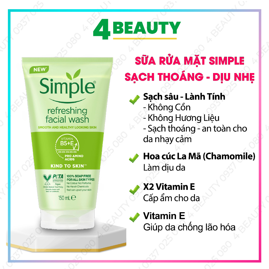 Sữa Rửa Mặt Simple Giúp Da Sạch Thoáng 150ml Kind To Skin Refreshing Facial Wash Gel