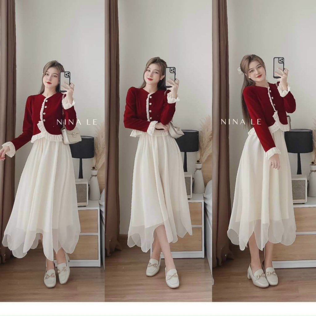 SÉT BỘ VÁY LAI TAM GIÁC CÓ LÓT KÈM ÁO KHOÁC TAY DÀI BÈO VOAN XINH XẮN ĐẸP TỪNG CHI TIẾT