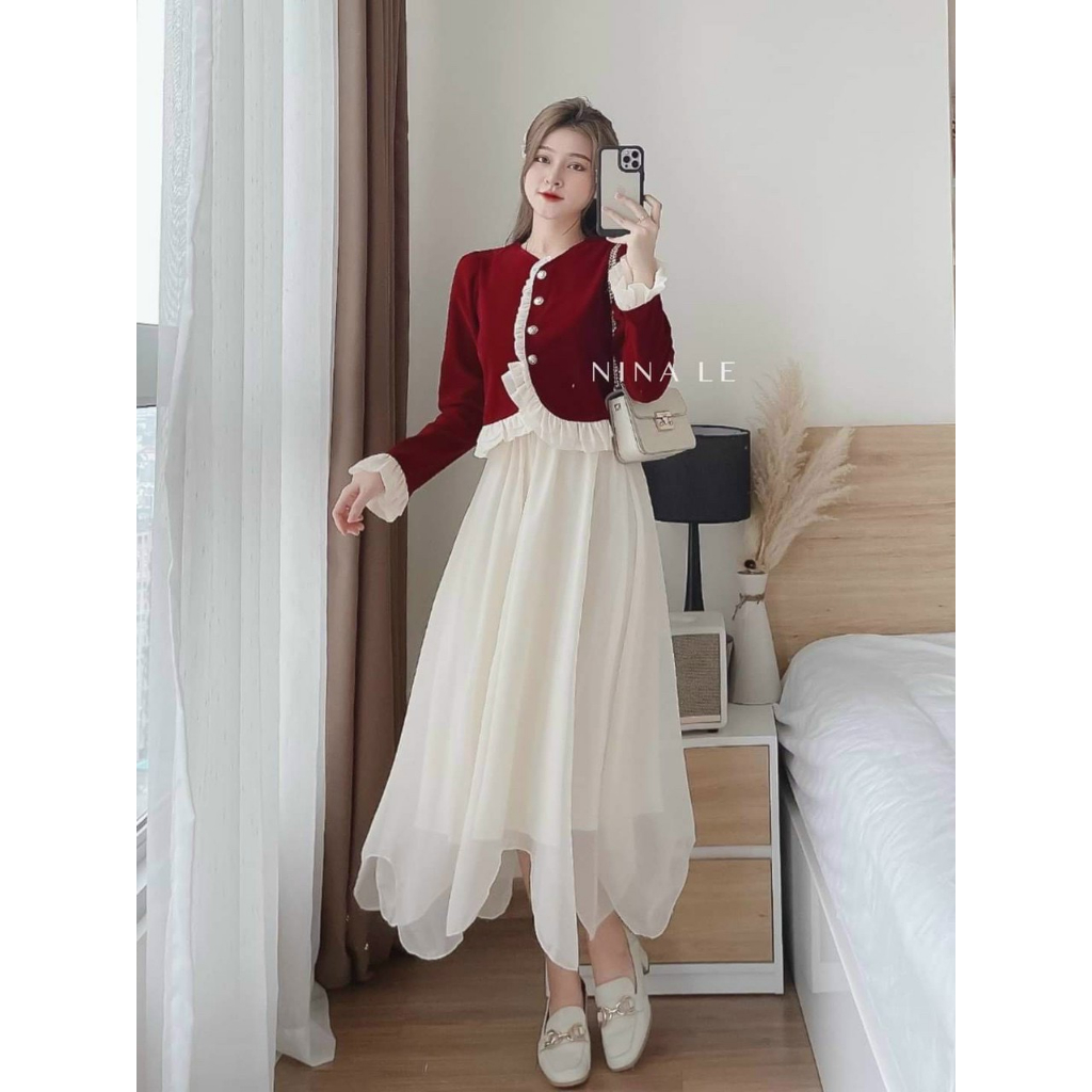 SÉT BỘ VÁY LAI TAM GIÁC CÓ LÓT KÈM ÁO KHOÁC TAY DÀI BÈO VOAN XINH XẮN ĐẸP TỪNG CHI TIẾT