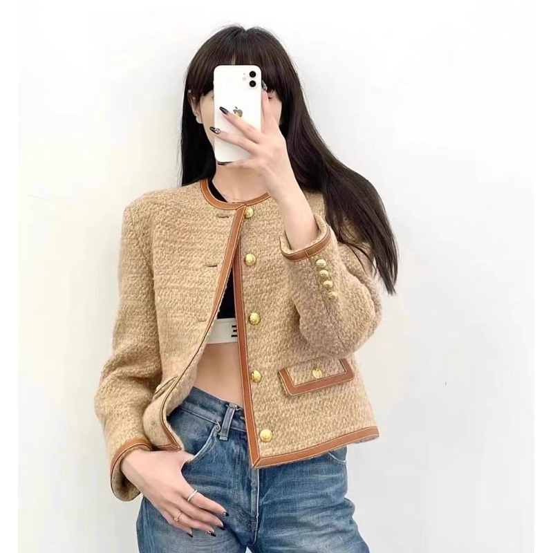 Áo Dạ Tweed Phối Viền Da Màu Nâu Tây Siêu Xinh Phong Cách Sang Chảnh_ Hàng Order QCCC