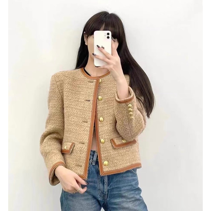 Áo Dạ Tweed Phối Viền Da Màu Nâu Tây Siêu Xinh Phong Cách Sang Chảnh_ Hàng Order QCCC