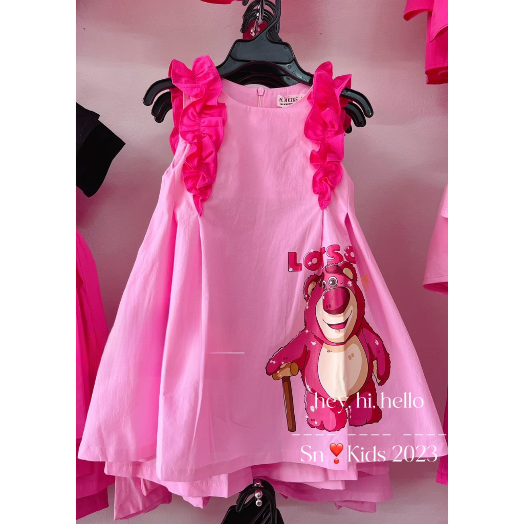 Váy A xuông gấu hồng bèo vai bé gái