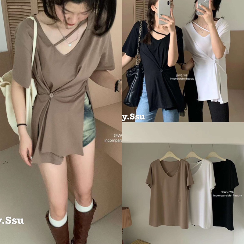 ÁO THUN COTTON BOZIP DÂY VẮT CHÉO CỔ/VẠT XẺ CÚC CÀI EO mặc 2 kiểu cực lạ
