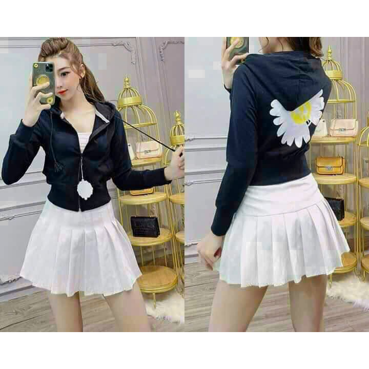 Áo Khoác Lững Có Mủ, Thời Trang Nữ Đi Chơi Chất Da Cá Cổ Dây Kéo Tay Áo Dài Bo Viền Thêu Hoa Sau Lưng Trẻ Trung