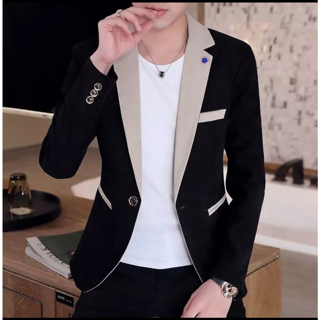 Áo Khoác Vest Blazer Nam Phối Màu Đen Kem trẻ trung phong cách Hàn Quốc - Q&Q STORE