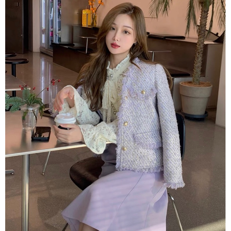 Áo Dạ Tweed Tua Rua Cổ V Màu Tím Pastel Phong Cách Tiểu Thư Kèm Ảnh Thật_ Hàng Order QCCC