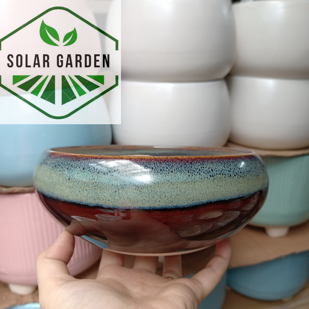 Chậu sứ men hỏa biến hình tròn dẹp 12.5cm - Nhiều màu - Solar Garden