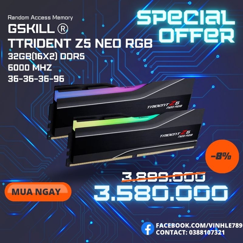 Ram G.SKILL TRIDENTZ Z5 NEO RGB 32GB 6000MHz DDR5  F5-6000J3636F16GX2-TZ5NR