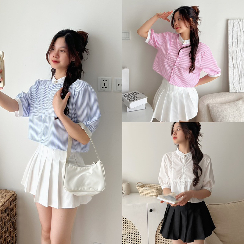 ÁO KIỂU SƠMI DÁNG CROPTOP KẺ SỌC PHỐI VIỀN CỔ TRẮNG cực xinh