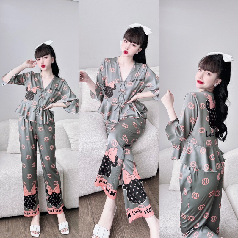 Bộ ngủ pijam tay lững bèo cổ tim lụa cao cấp from 40-60kg